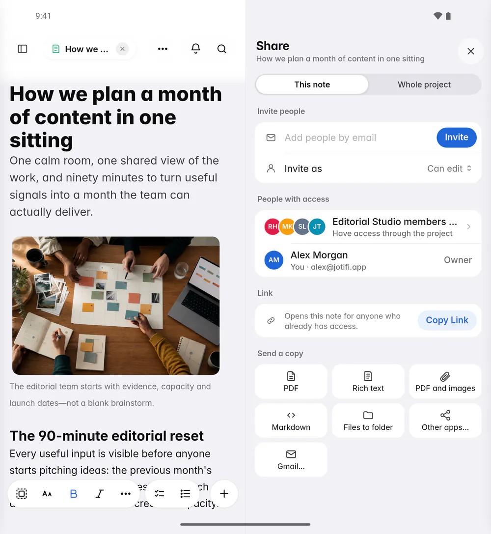 The Share pane with Invite people, the Invite as role, the people with access and pending invitations (an Android foldable)
