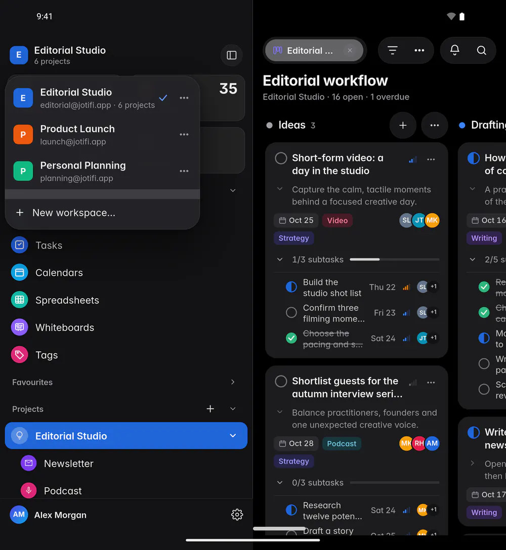 The list of workspaces on this device, each with its account (an Android foldable)