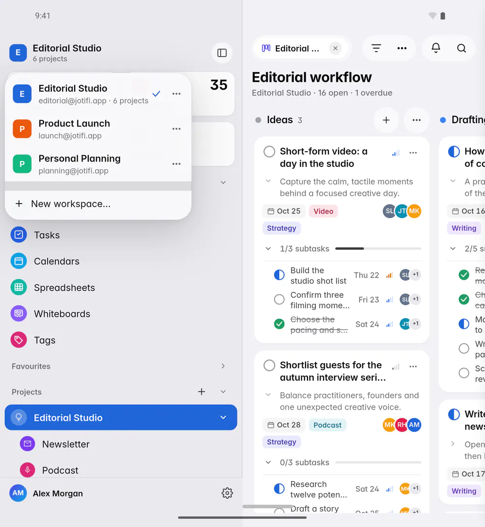 The list of workspaces on this device, each with its account (an Android foldable)