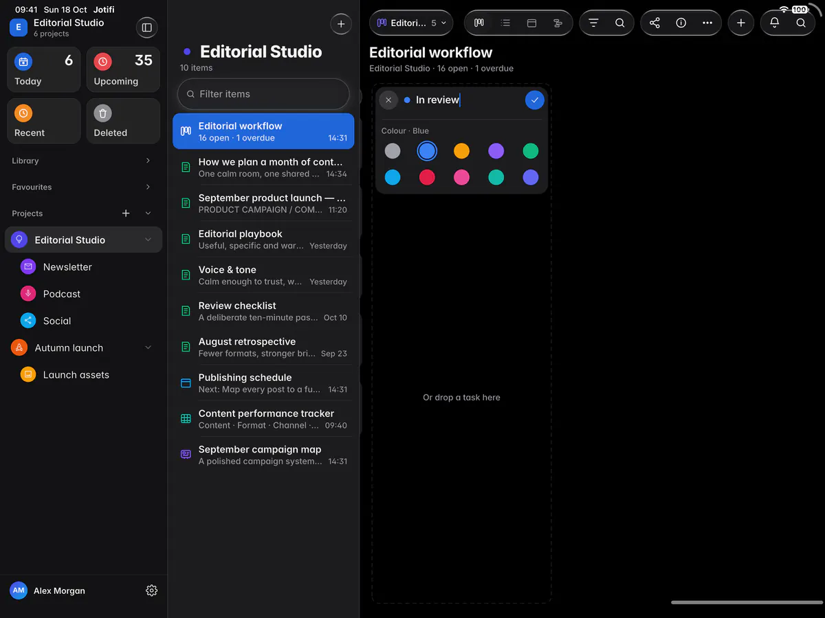 Adding a column named In review, with a choice of colours (an iPad)