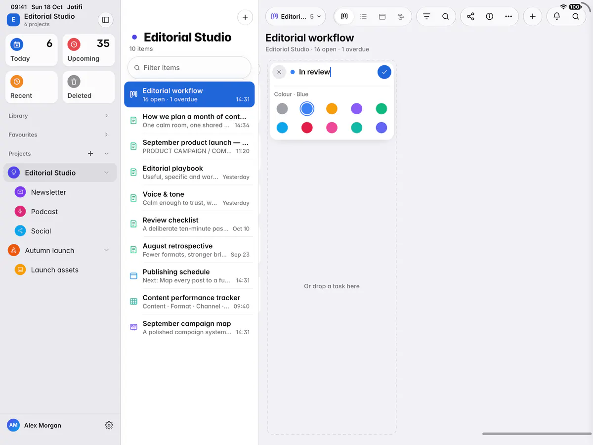Adding a column named In review, with a choice of colours (an iPad)