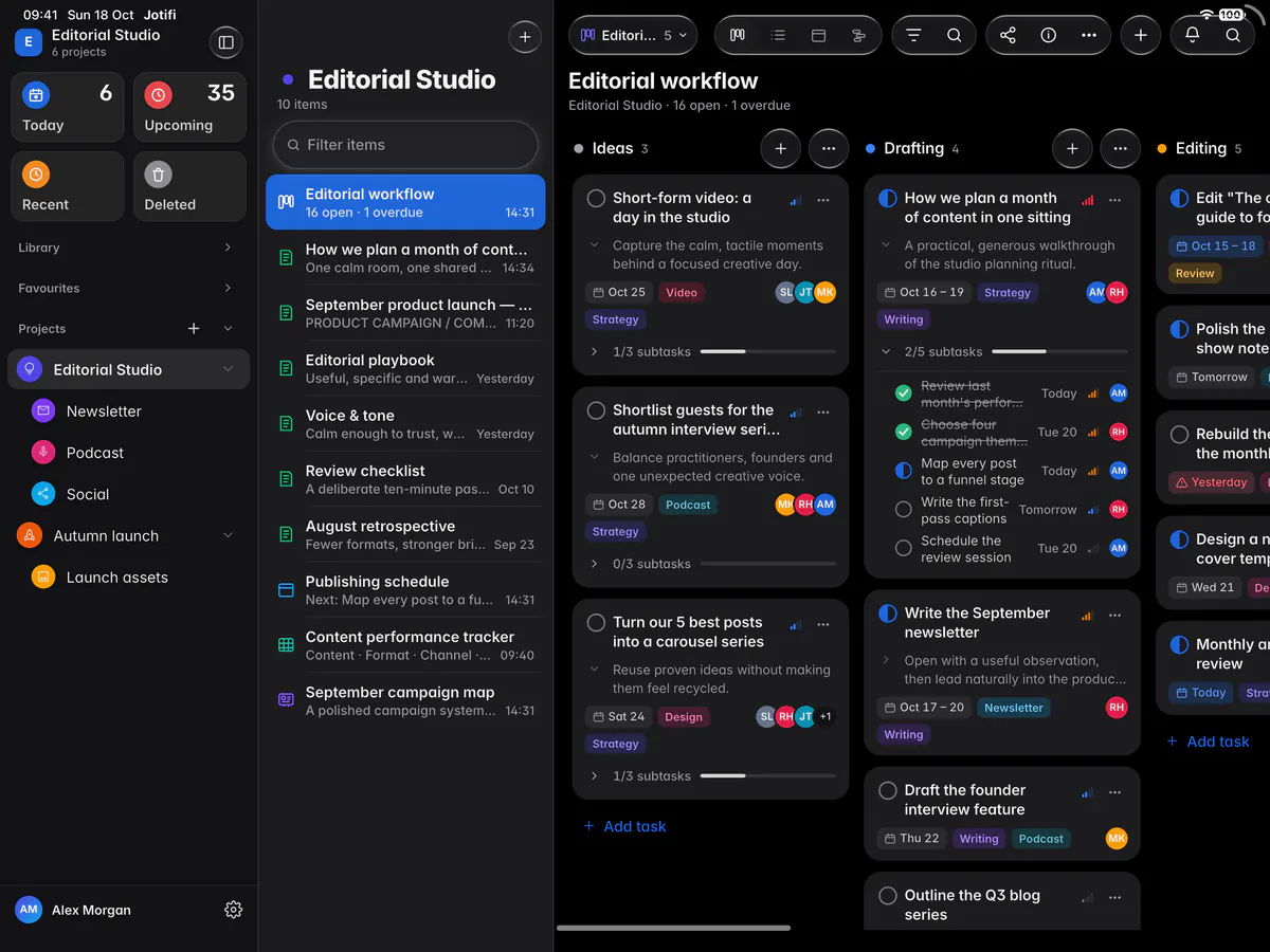 A board with Ideas, Drafting and Editing columns of task cards (an iPad)