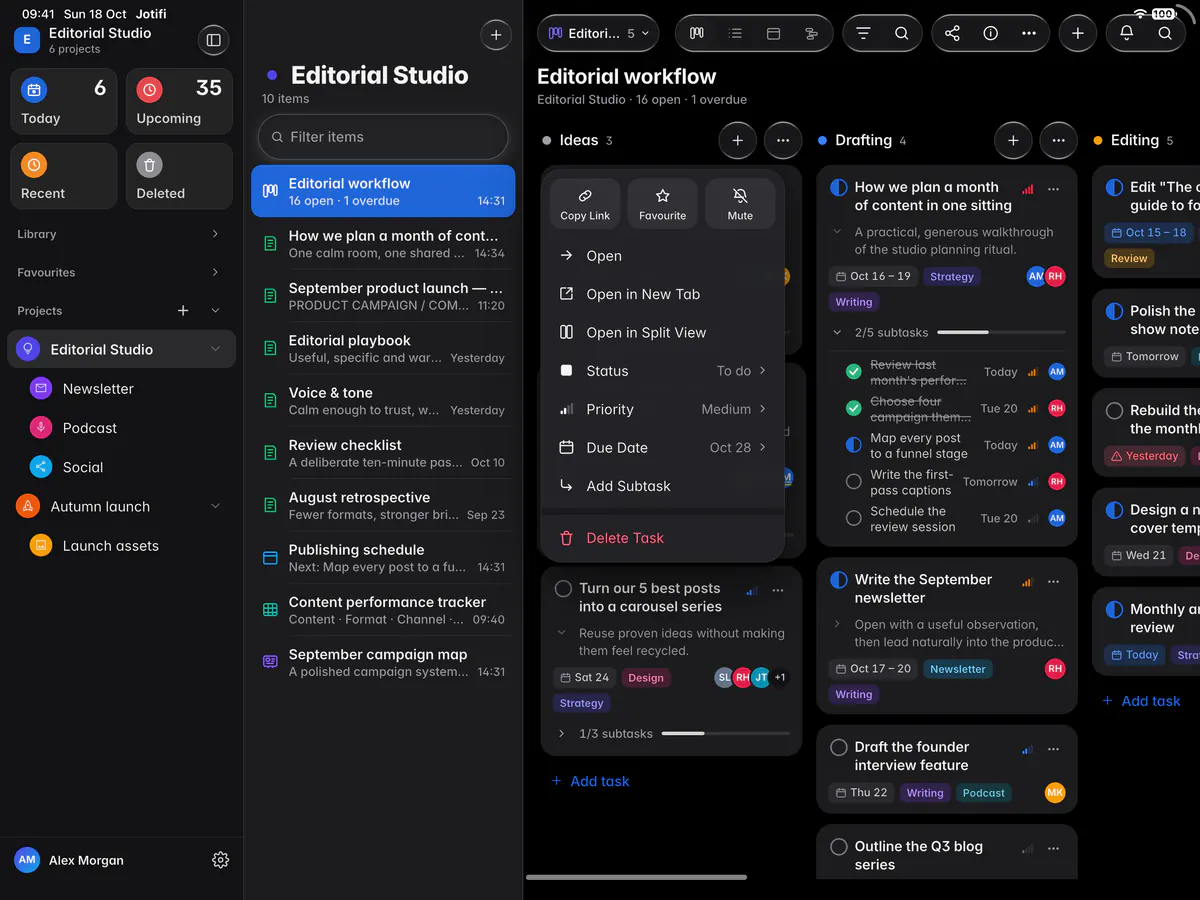 A card's menu with Open, Status, Priority, Due date, Add subtask and Delete task (an iPad)