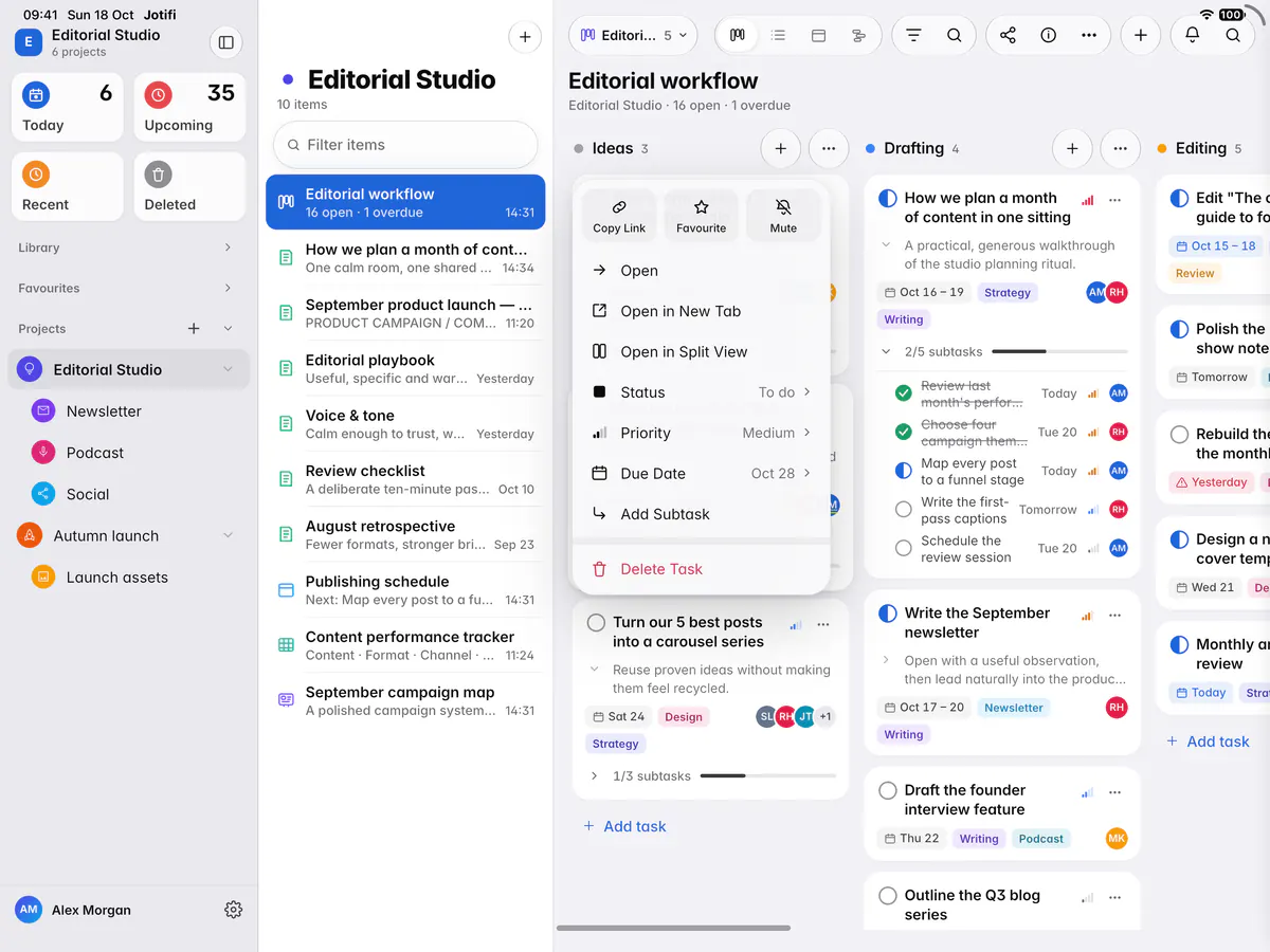 A card's menu with Open, Status, Priority, Due date, Add subtask and Delete task (an iPad)