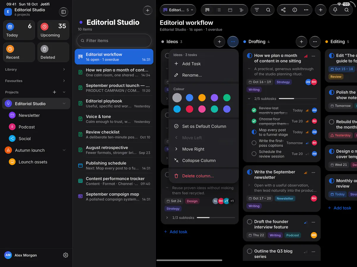 A column's menu with Add task, Rename, Colour, Move left, Move right, Collapse and Delete (an iPad)