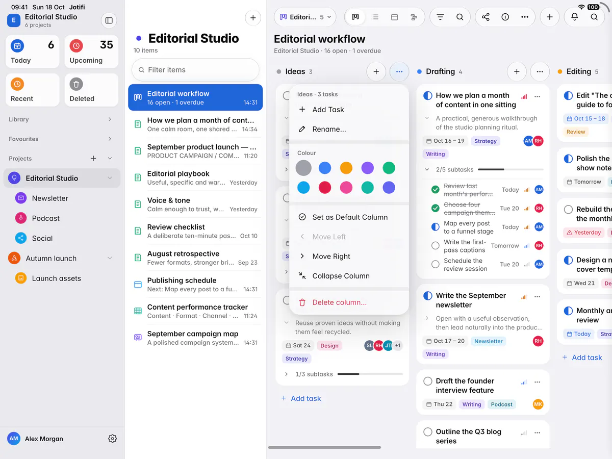 A column's menu with Add task, Rename, Colour, Move left, Move right, Collapse and Delete (an iPad)