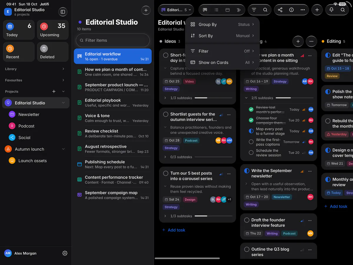 The board's view options for filtering, grouping, sorting and the fields shown on cards (an iPad)