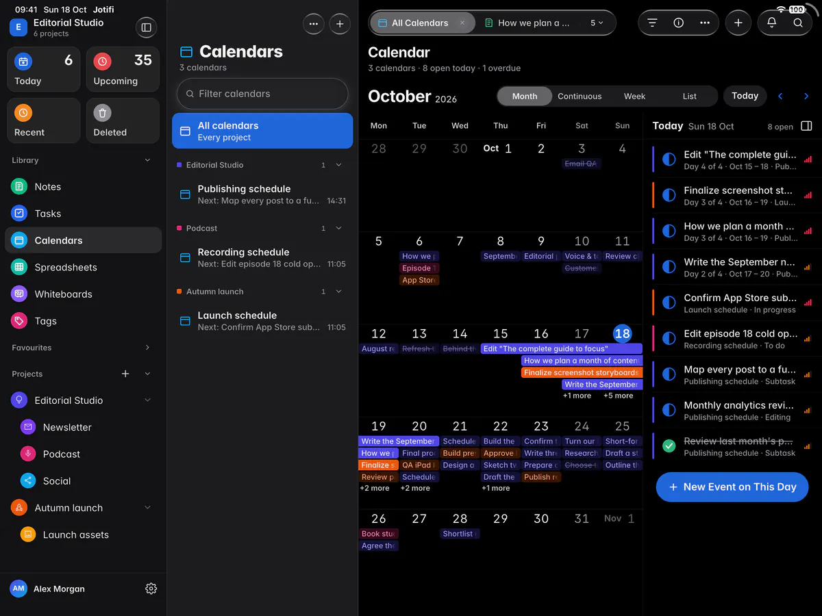 The entries of one day, with their status, dates and calendar (an iPad)