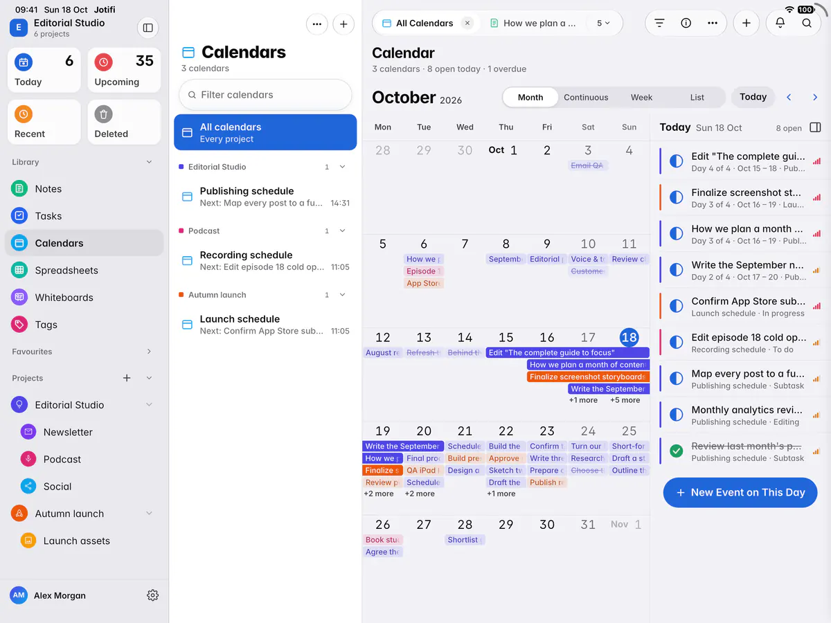 The entries of one day, with their status, dates and calendar (an iPad)