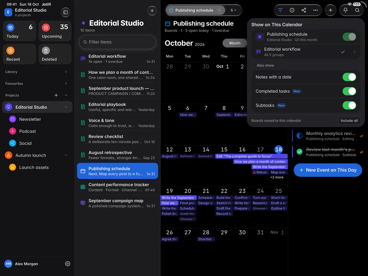 The Show on this calendar panel with calendars, boards and the Also show switches (an iPad)