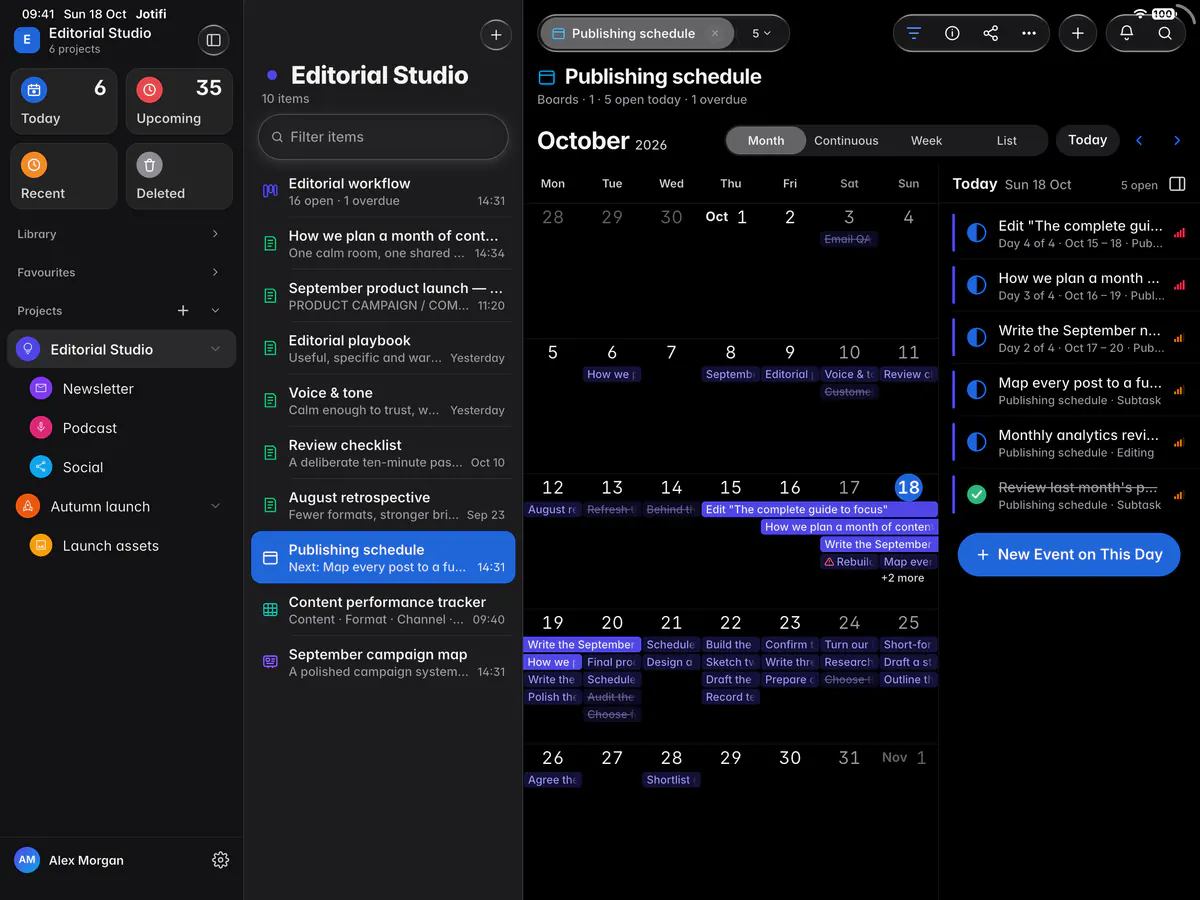 A calendar month with tasks on their days and multi-day tasks as bars (an iPad)