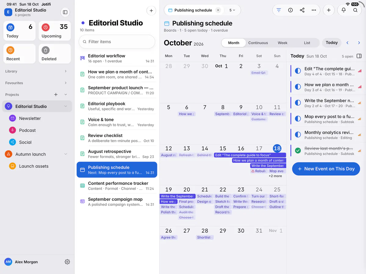 A calendar month with tasks on their days and multi-day tasks as bars (an iPad)