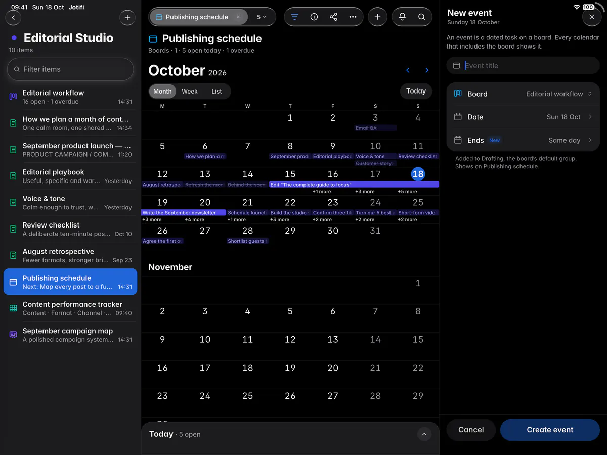 The New event form with a title, a board, a date and an optional end date (an iPad)