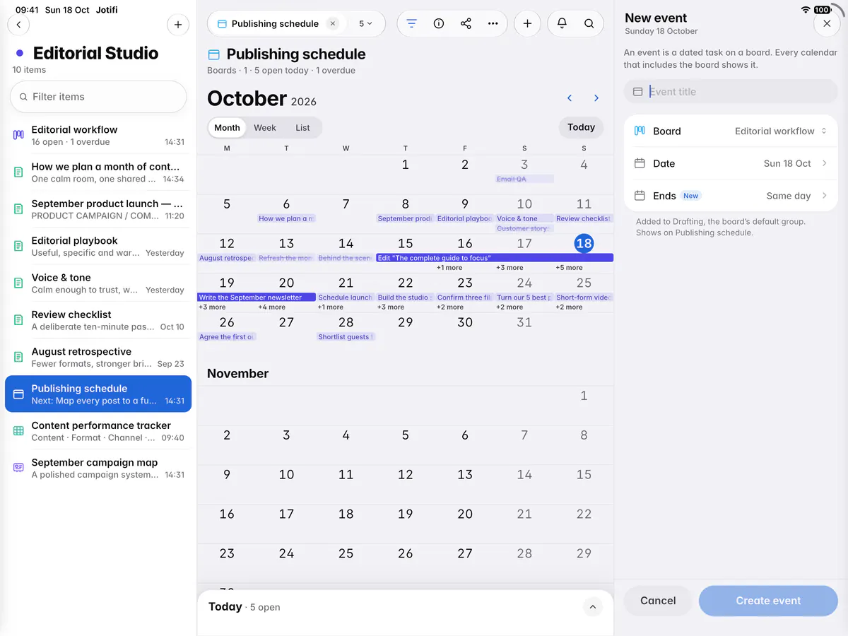 The New event form with a title, a board, a date and an optional end date (an iPad)