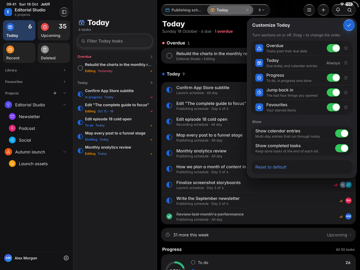 The Customize Today panel with switches for each section and for calendar entries and completed tasks (an iPad)