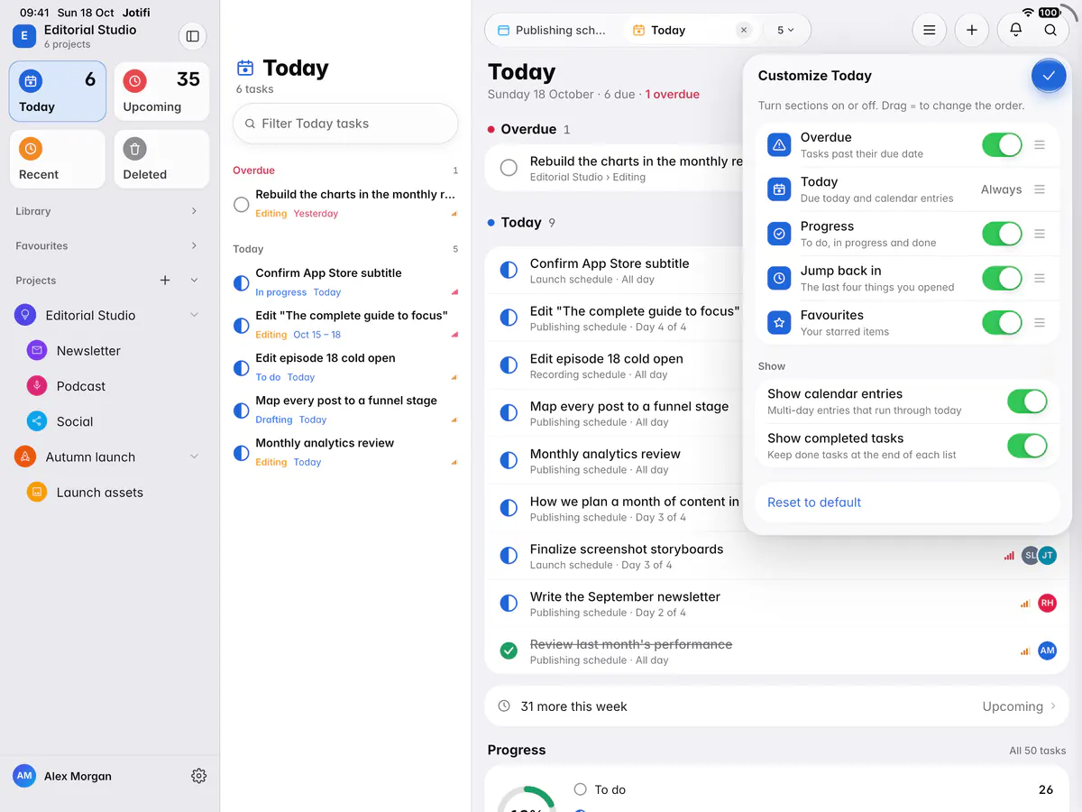 The Customize Today panel with switches for each section and for calendar entries and completed tasks (an iPad)