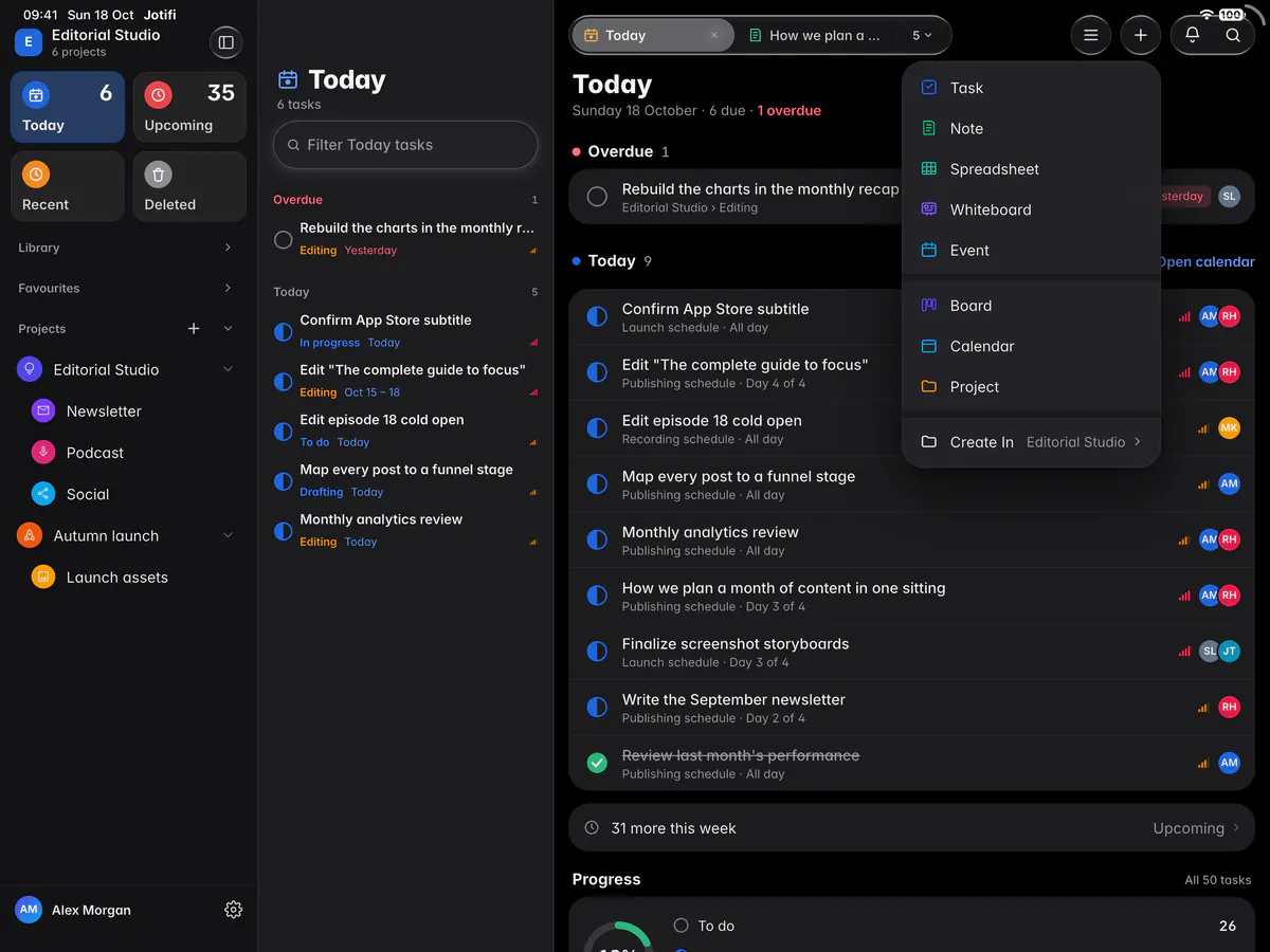 The New menu with Task, Note, Spreadsheet, Whiteboard, Event, Board, Calendar and Project (an iPad)