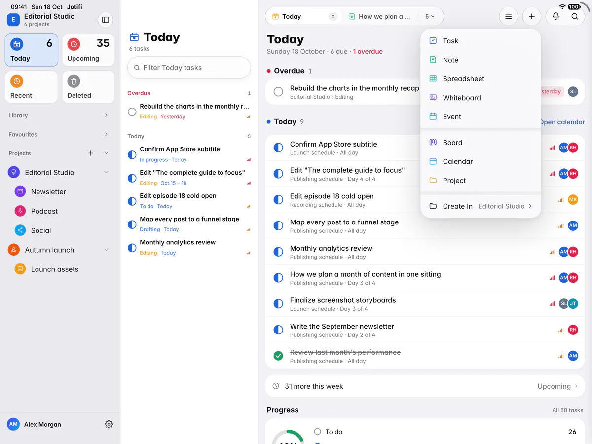 The New menu with Task, Note, Spreadsheet, Whiteboard, Event, Board, Calendar and Project (an iPad)