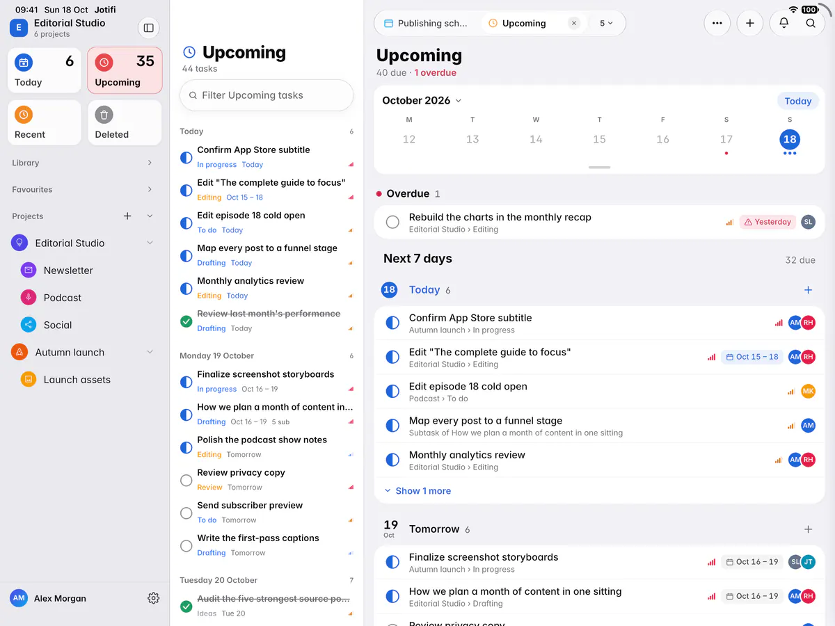 Upcoming with the week strip, an overdue task and the tasks for the next days (an iPad)