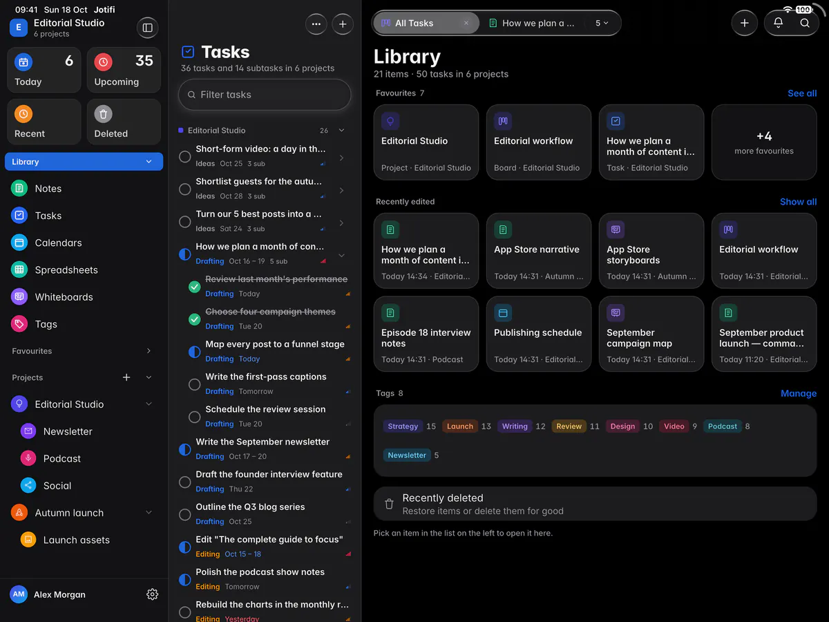 The Library with tiles for each kind of item, favourites and recently edited items (an iPad)