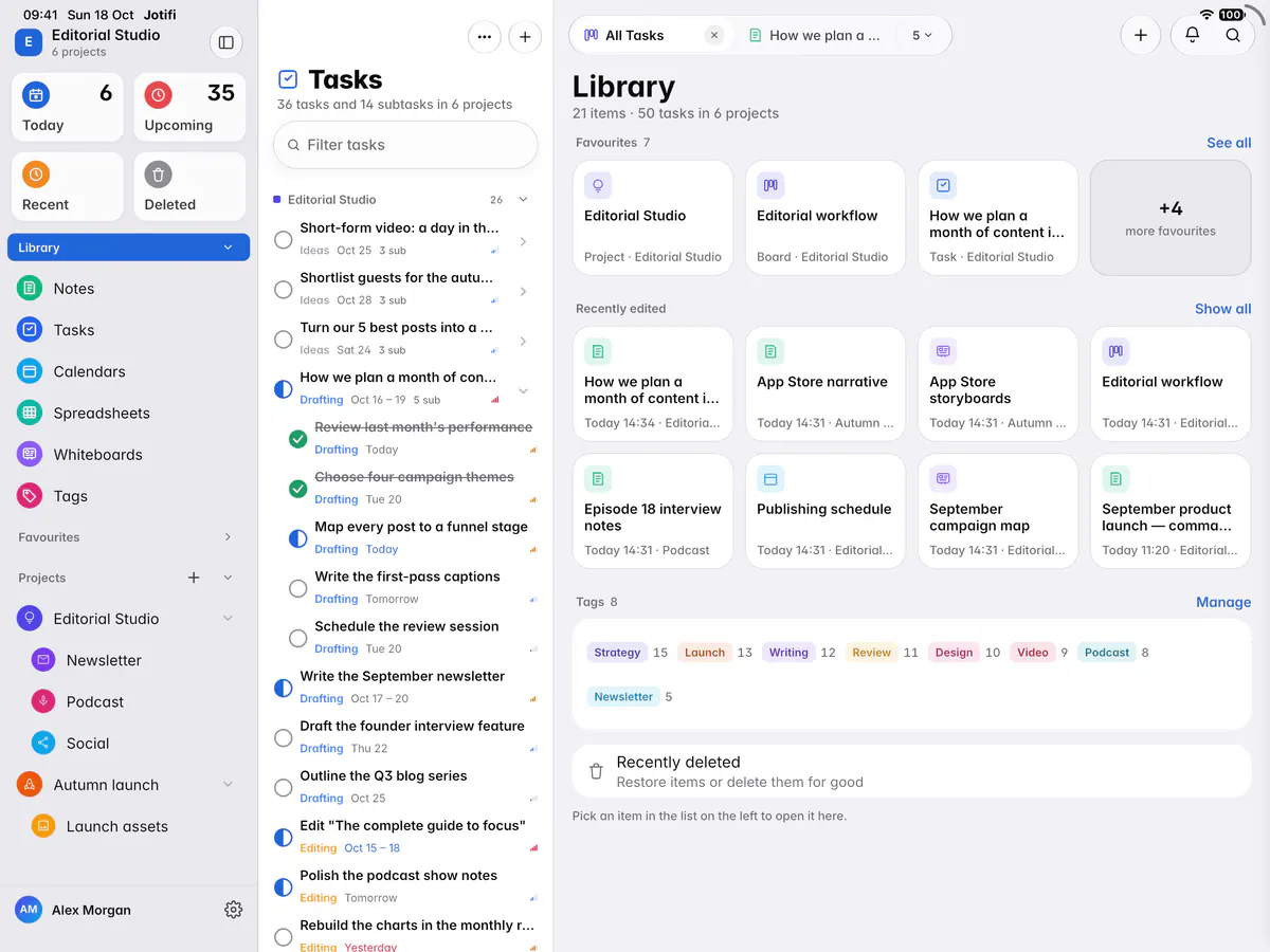The Library with tiles for each kind of item, favourites and recently edited items (an iPad)