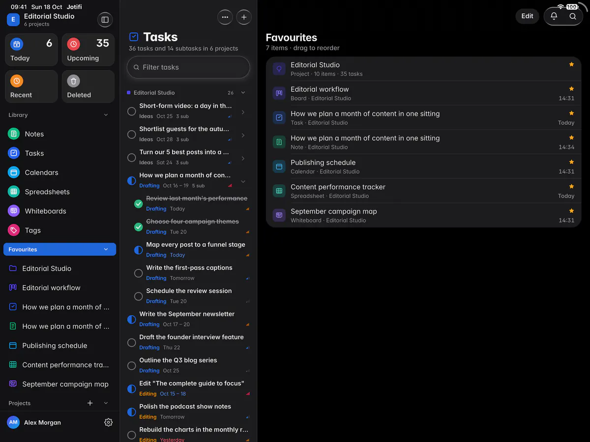 The Favourites list with a project, a board, a task, a note, a calendar, a spreadsheet and a whiteboard (an iPad)