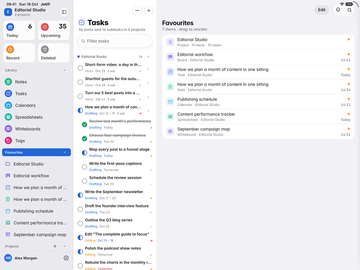 The Favourites list with a project, a board, a task, a note, a calendar, a spreadsheet and a whiteboard (an iPad)