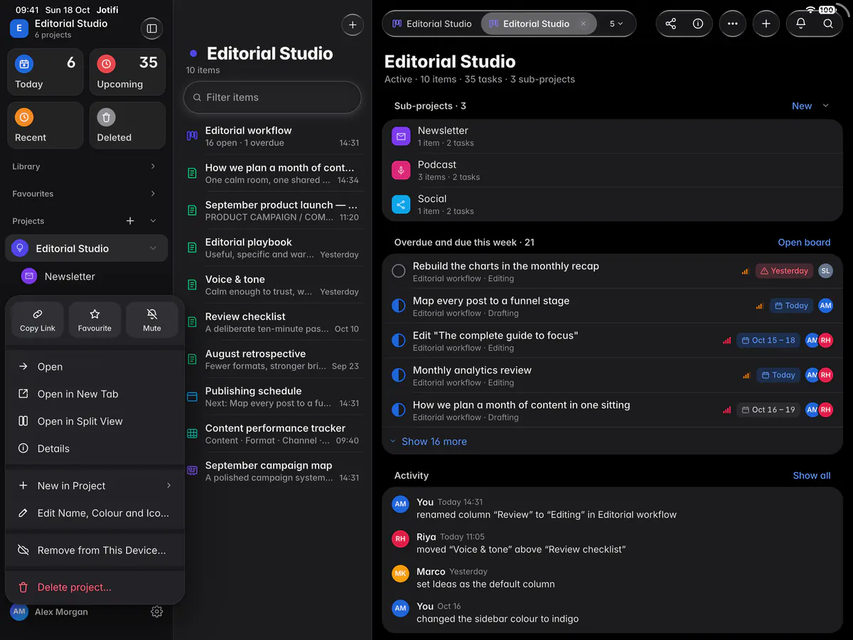 A project's menu with Open, New in project, Edit name, colour and icon, Copy link and Delete project (an iPad)
