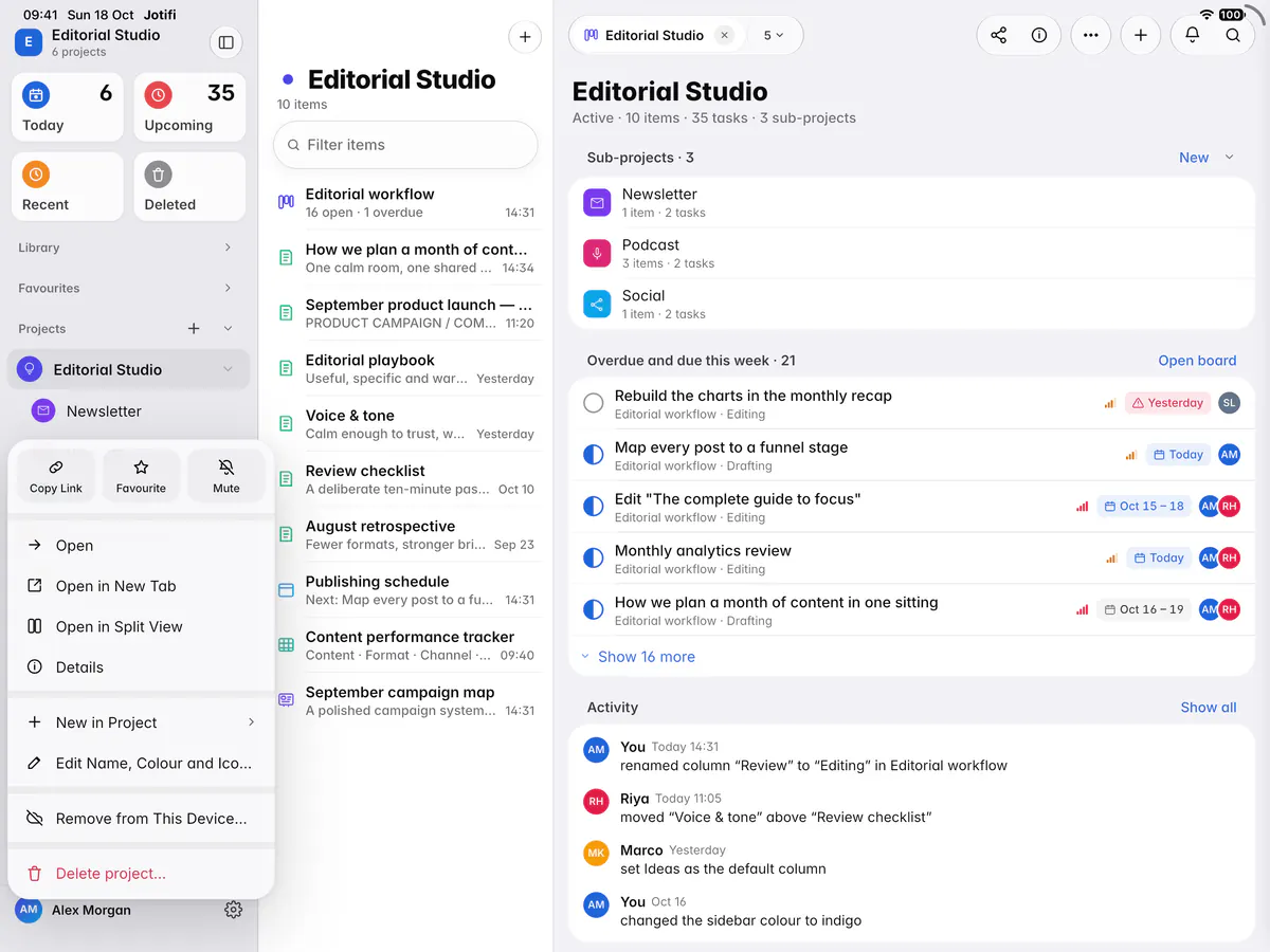 A project's menu with Open, New in project, Edit name, colour and icon, Copy link and Delete project (an iPad)