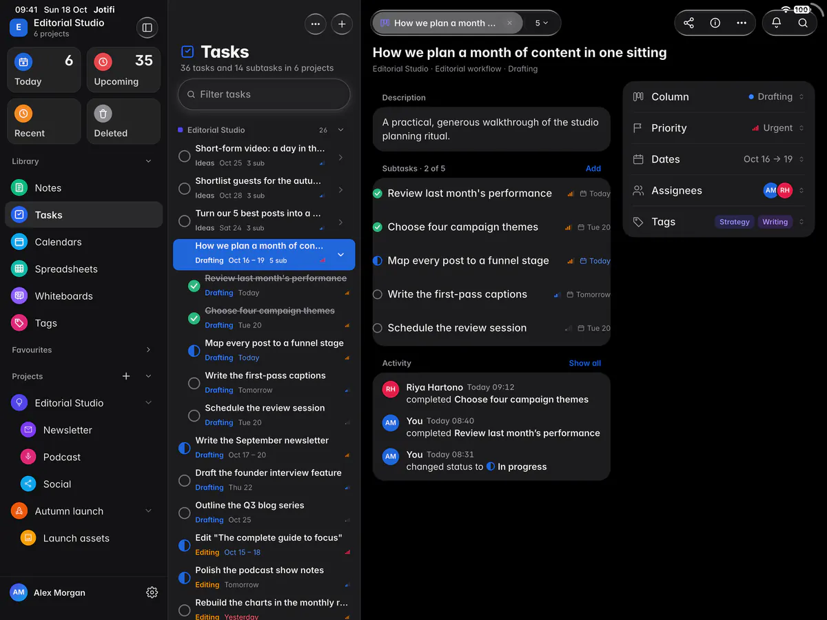All tasks grouped by project, with their dates, tags and people (an iPad)
