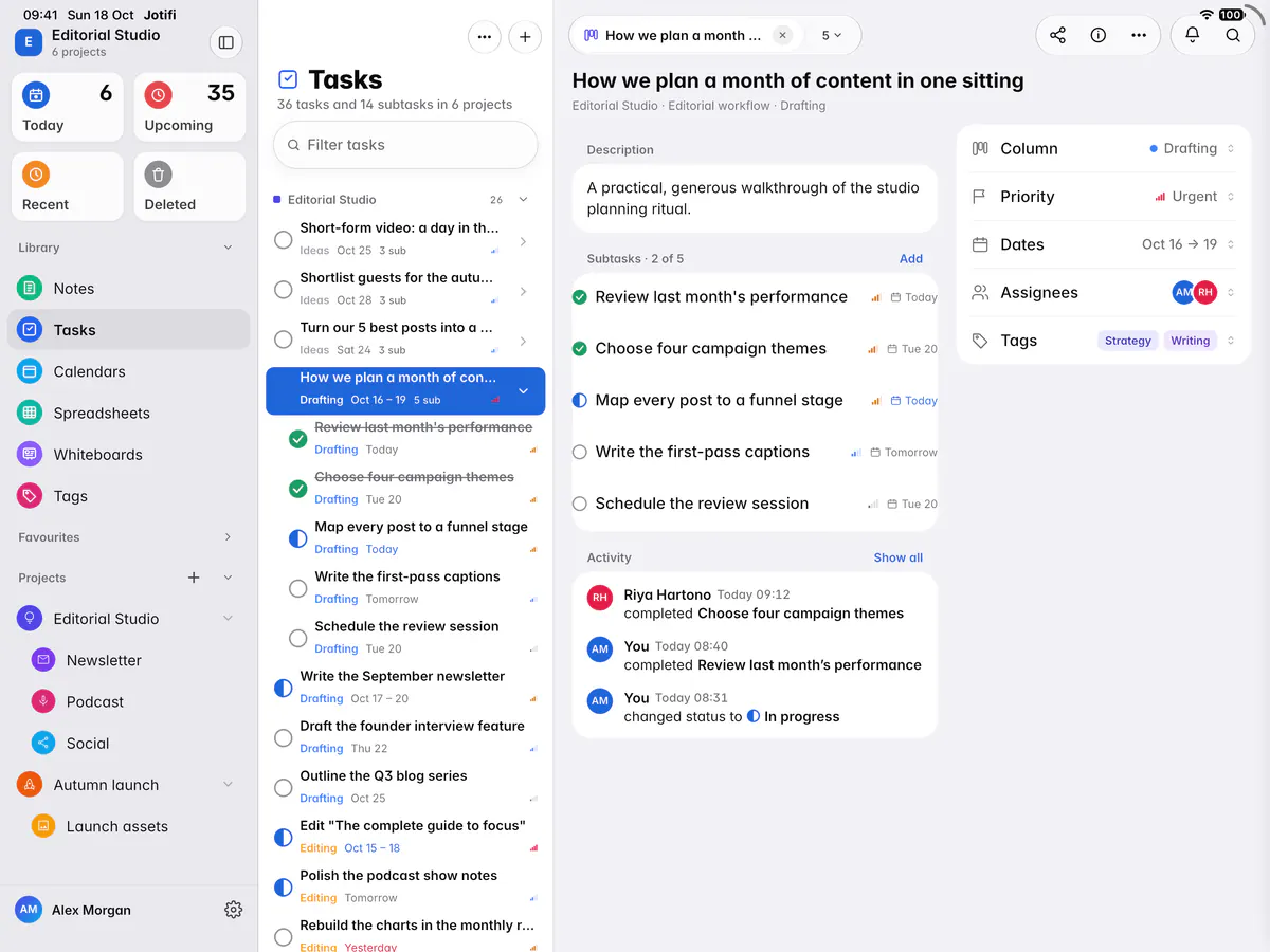 All tasks grouped by project, with their dates, tags and people (an iPad)