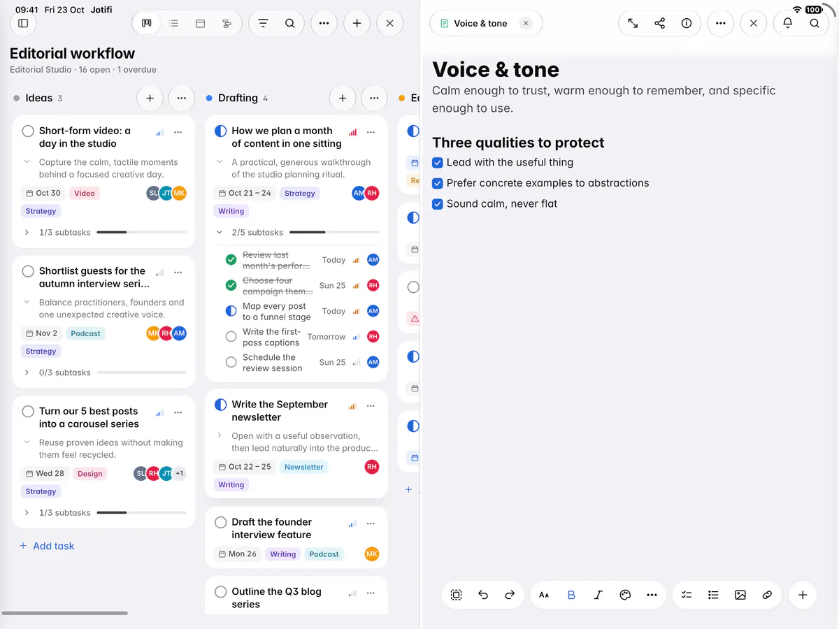 A board and a note side by side in split view, each pane with its own header (an iPad)