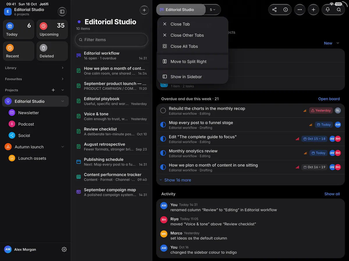 A tab's menu with Close tab, Close other tabs, Close all tabs, Move to split right, Copy link and Show in sidebar (an iPad)