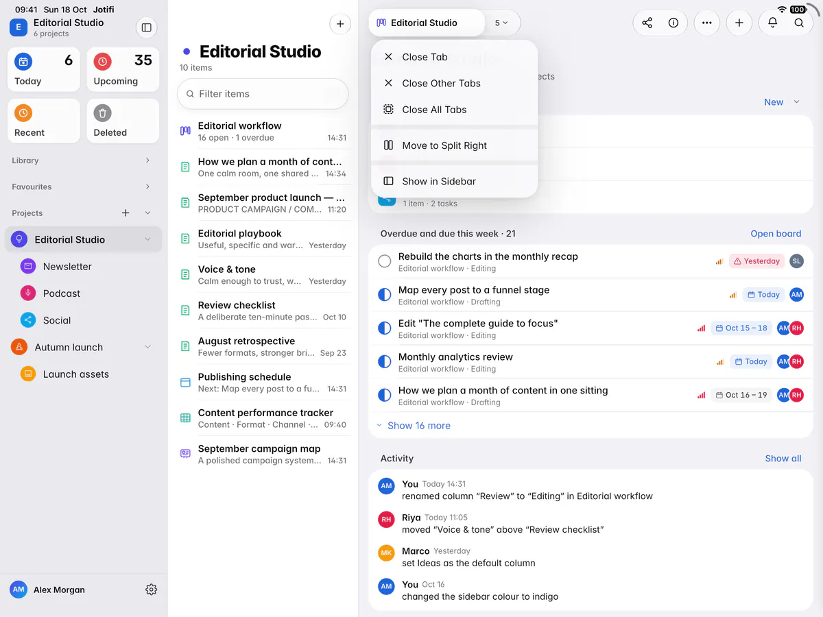 A tab's menu with Close tab, Close other tabs, Close all tabs, Move to split right, Copy link and Show in sidebar (an iPad)