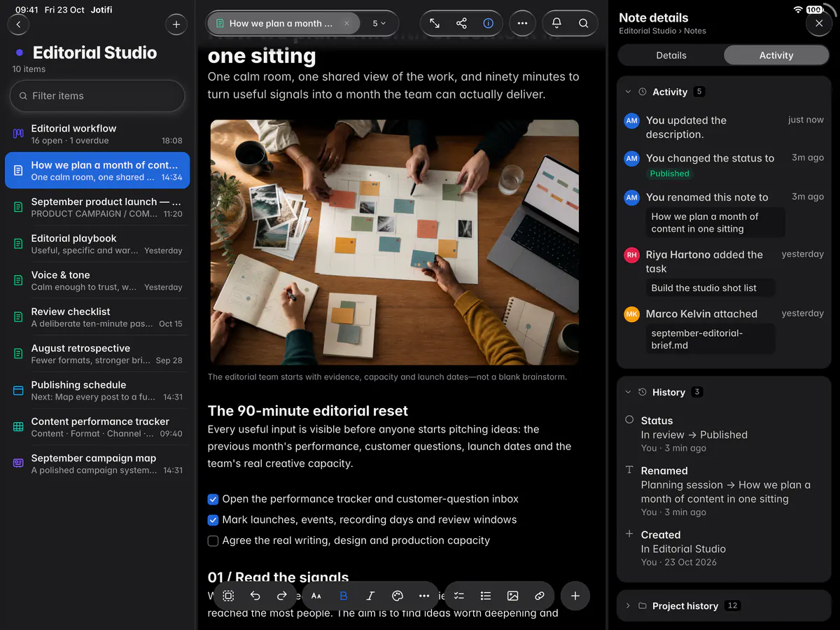 A note's details on the Activity tab, with its activity and the history of its status and name (an iPad)