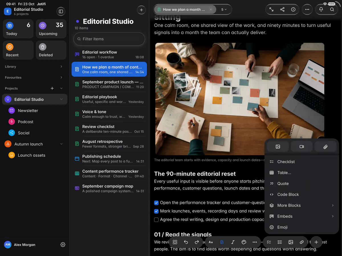 A note's Insert menu with media, blocks, embeds and emoji (an iPad)