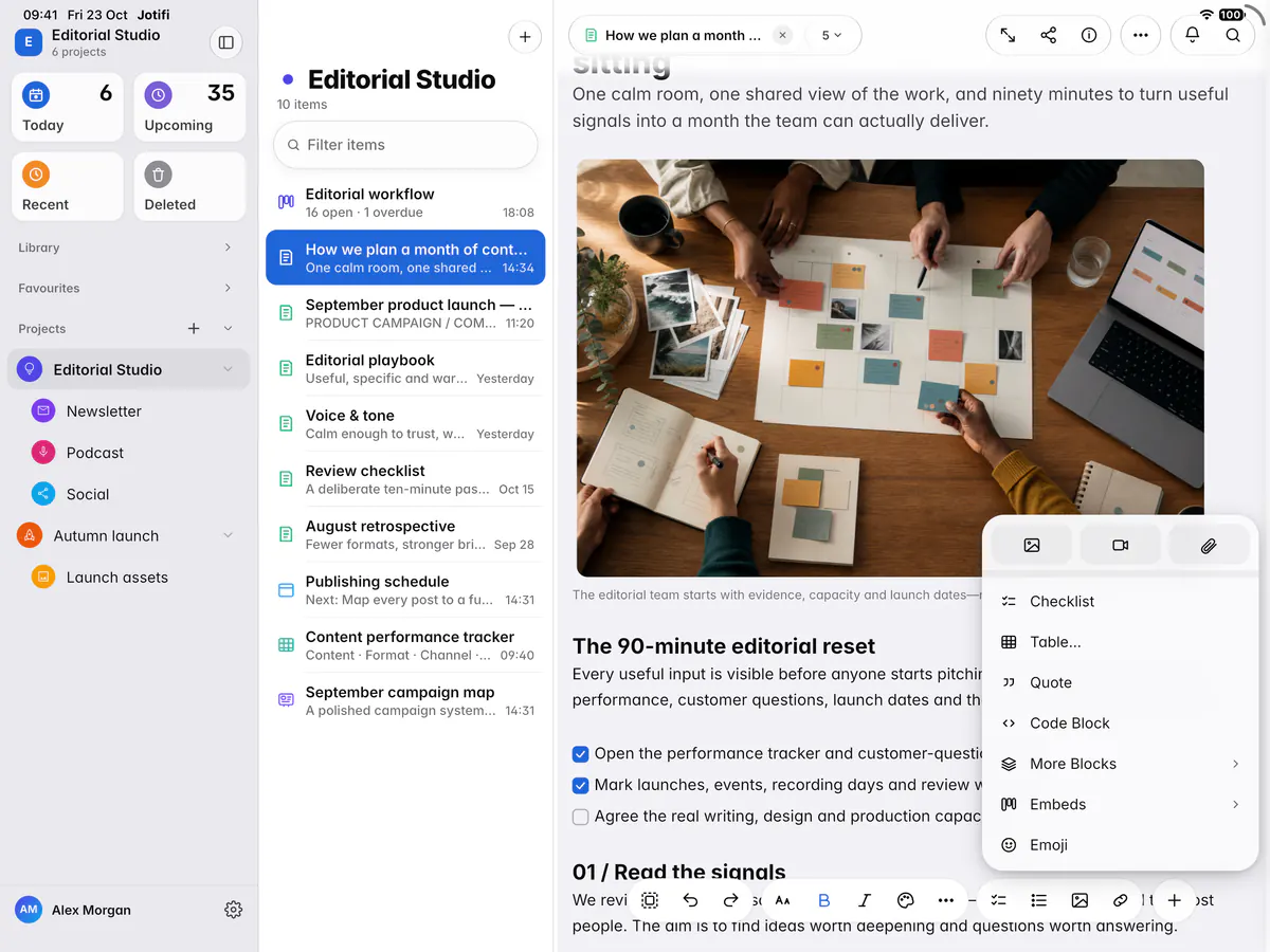 A note's Insert menu with media, blocks, embeds and emoji (an iPad)