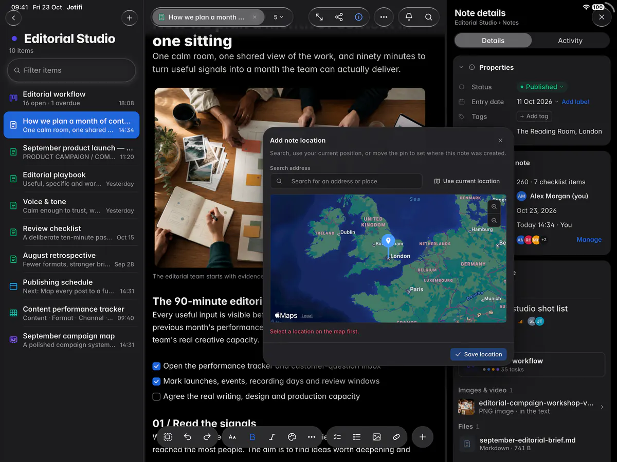 The note location editor with an address search, a map with a pin and Save location (an iPad)
