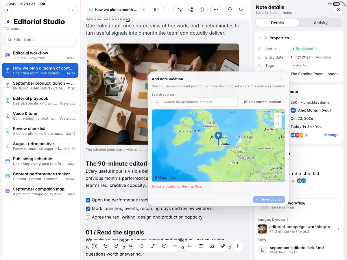 The note location editor with an address search, a map with a pin and Save location (an iPad)