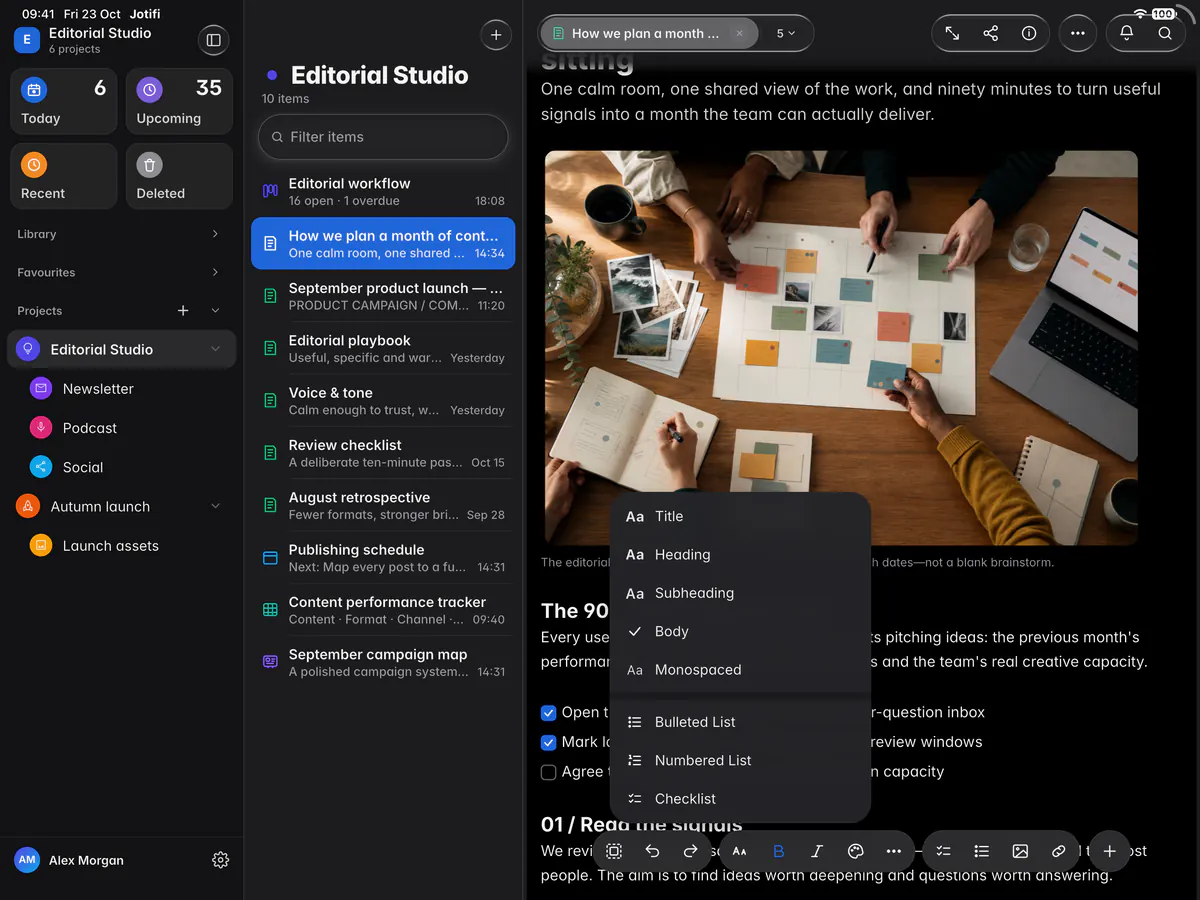 The text style menu of a note, with the heading styles and the lists (an iPad)