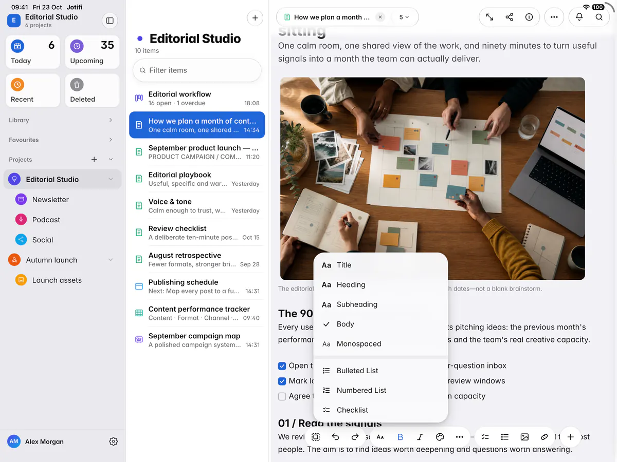The text style menu of a note, with the heading styles and the lists (an iPad)