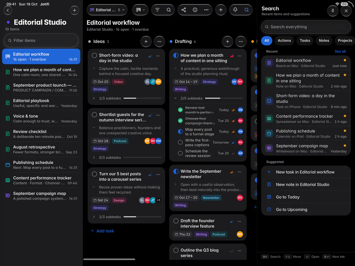 Search before typing, with recent items and suggested actions (an iPad)