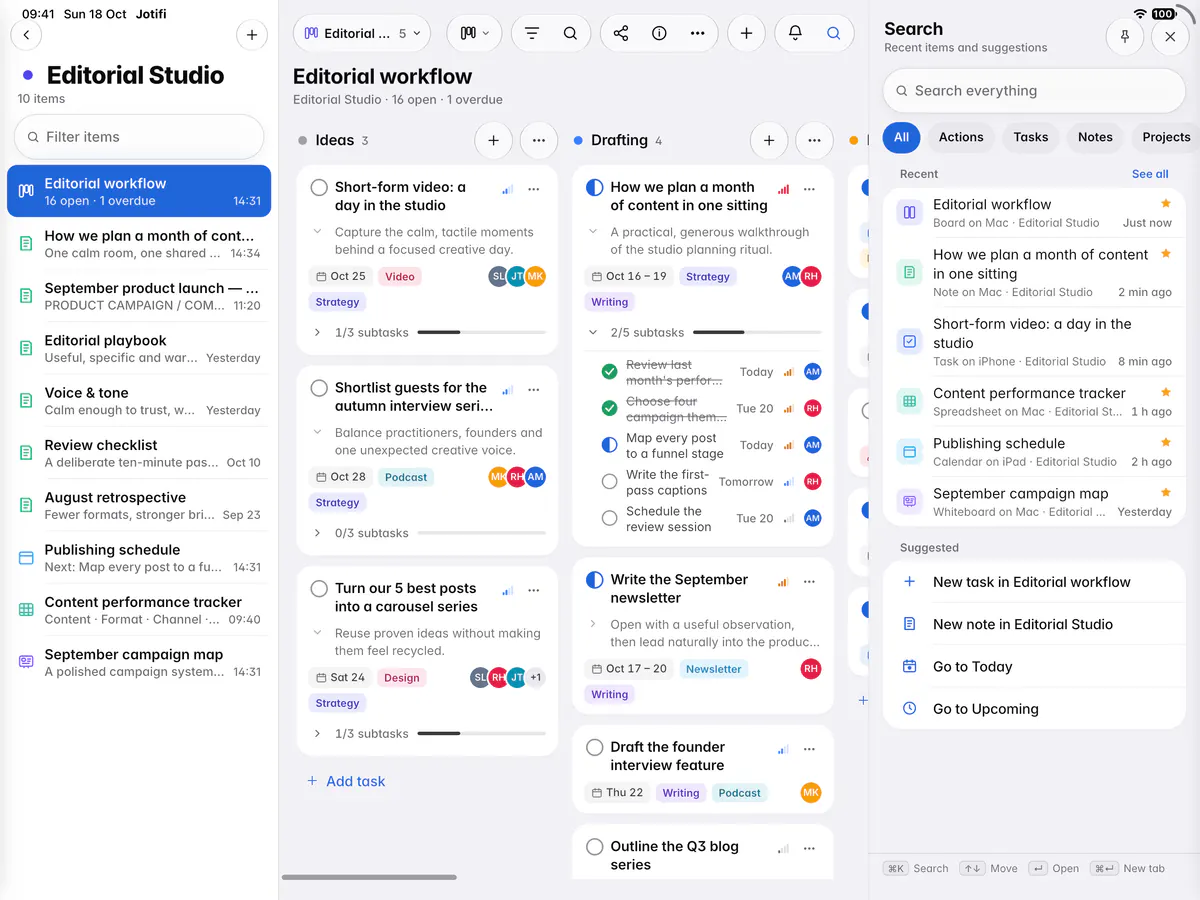 Search before typing, with recent items and suggested actions (an iPad)