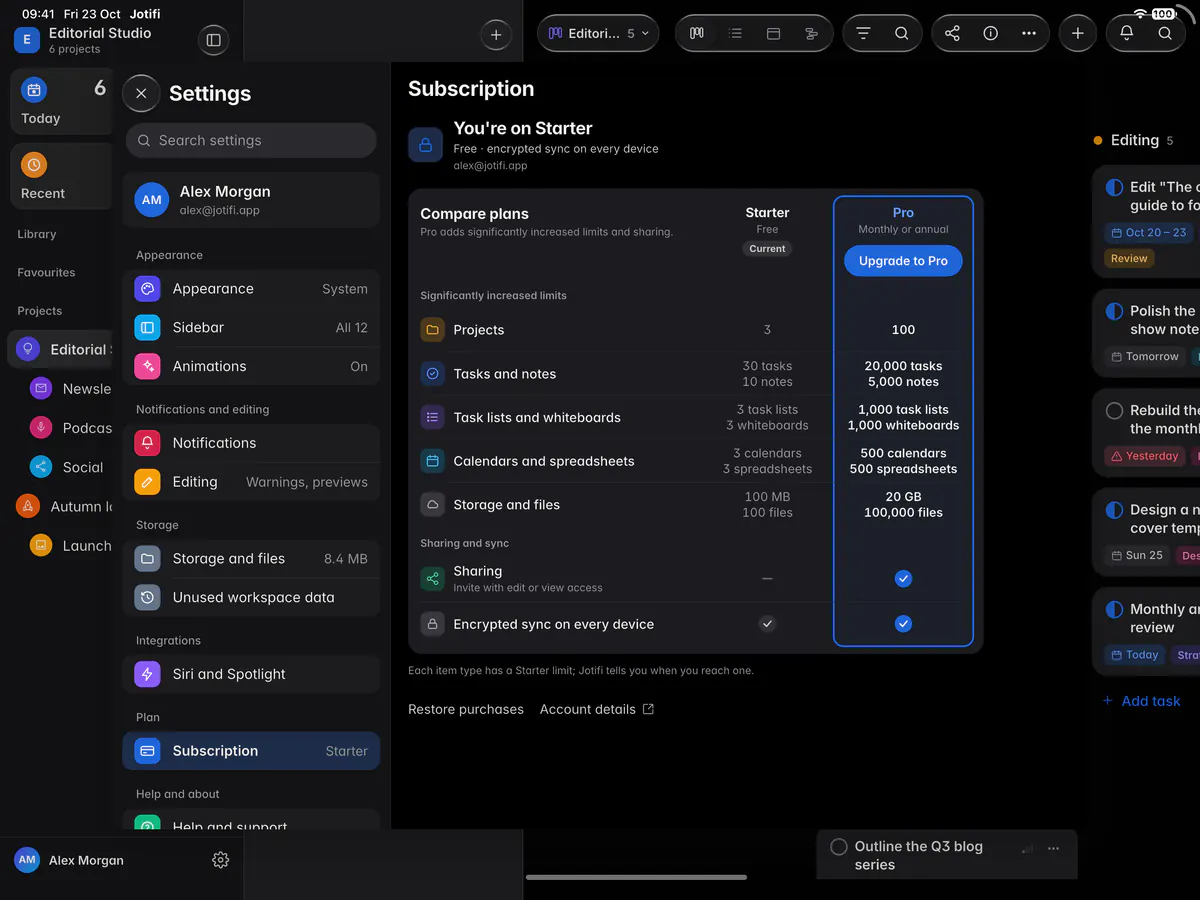 The Subscription page on Starter, with a comparison of the Starter and Pro plans and Upgrade to Pro (an iPad)
