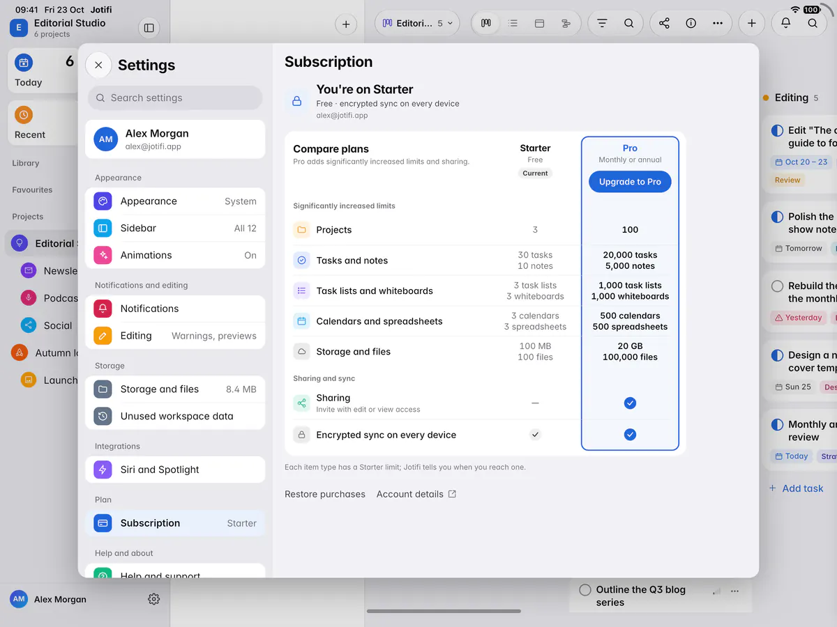 The Subscription page on Starter, with a comparison of the Starter and Pro plans and Upgrade to Pro (an iPad)