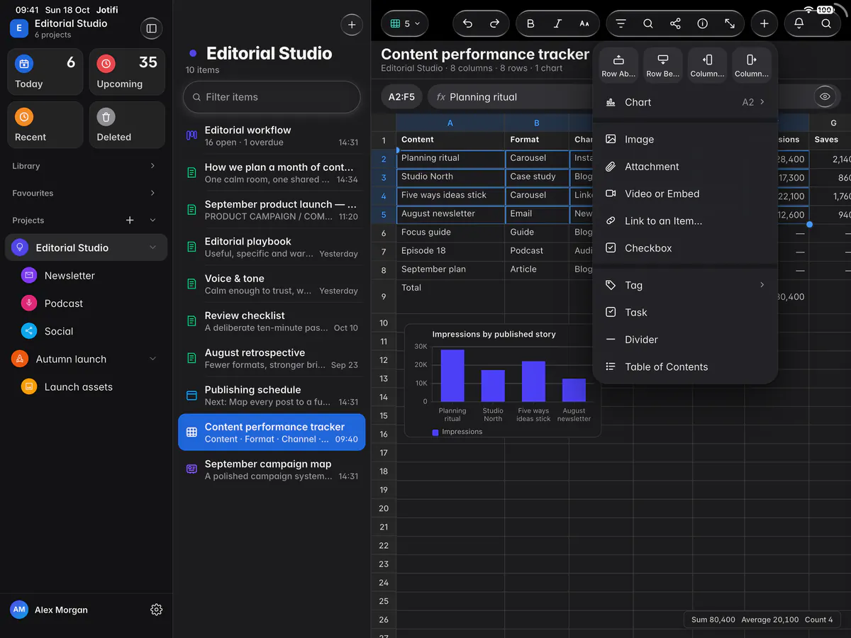 The Insert menu with rows, columns, charts and things to put in a cell (an iPad)