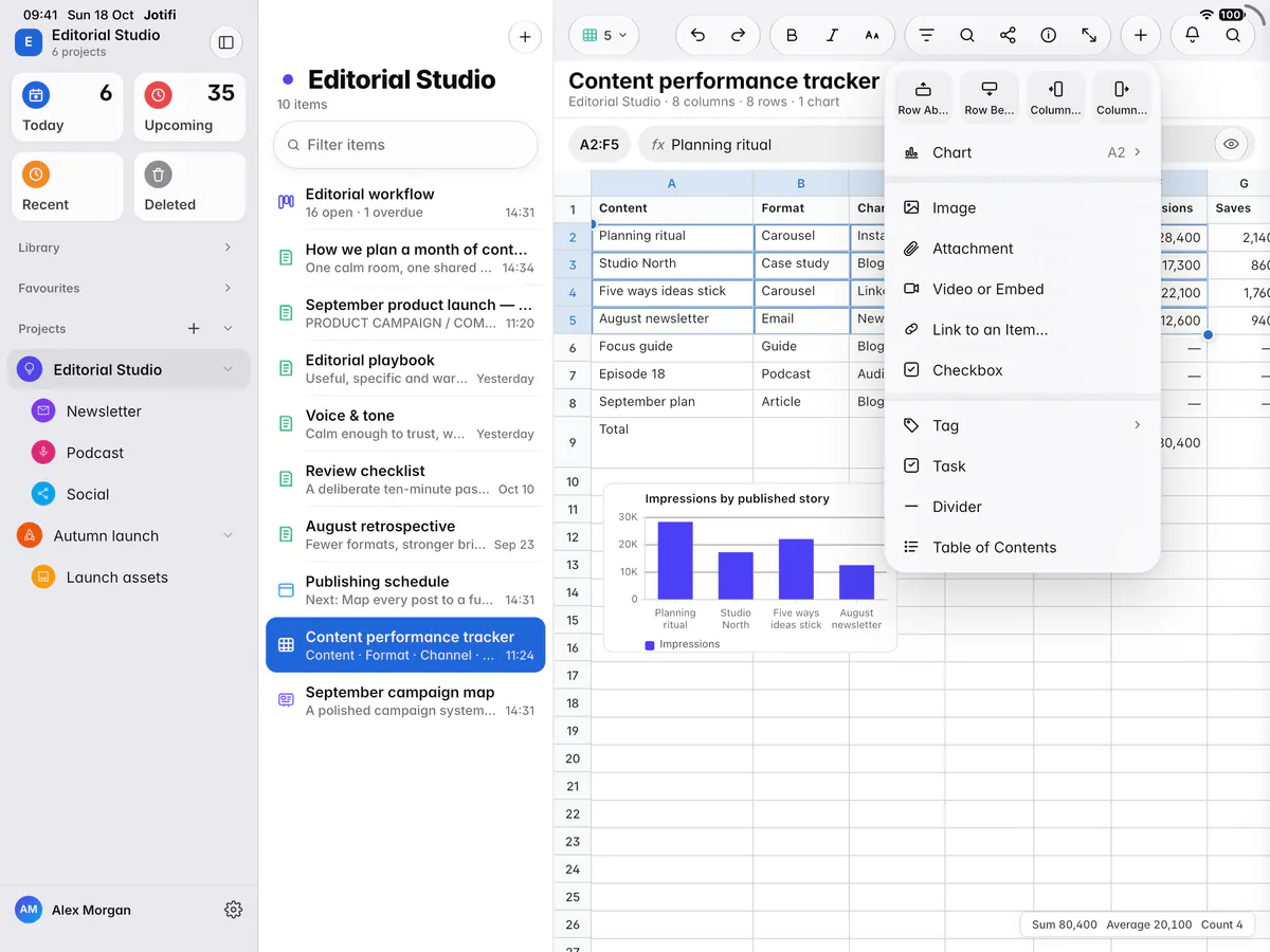 The Insert menu with rows, columns, charts and things to put in a cell (an iPad)
