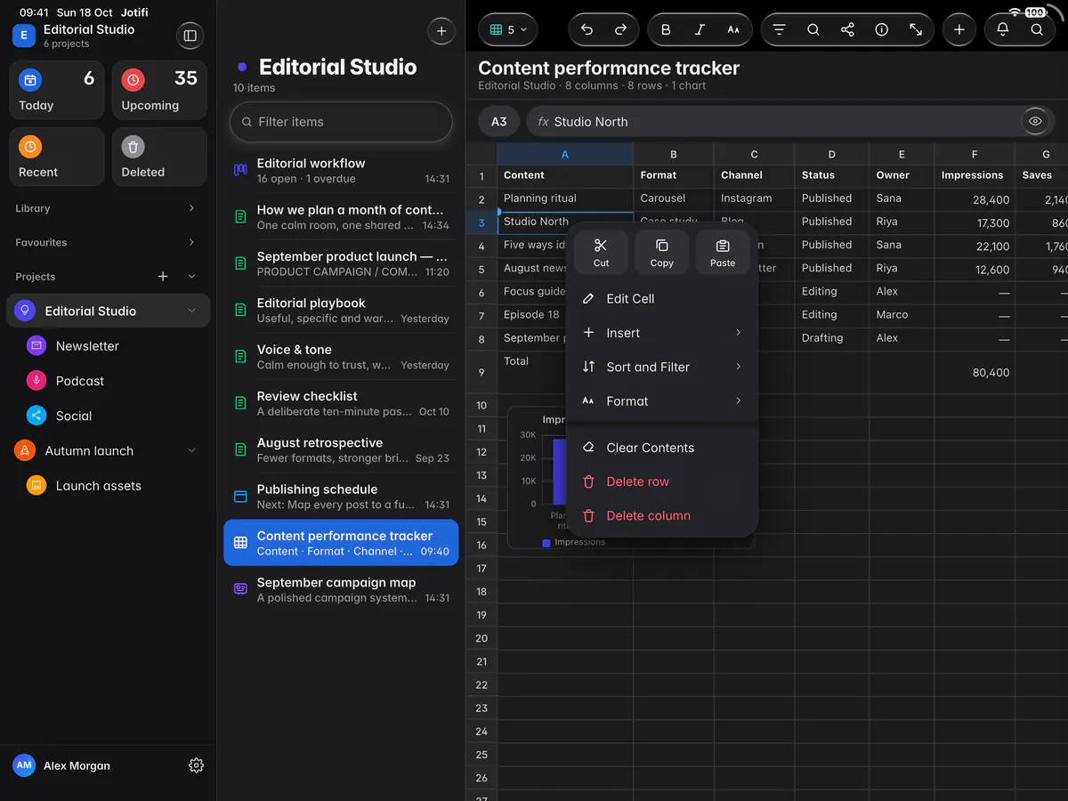 A cell's menu with clipboard, insert, sort, filter, format and delete options (an iPad)