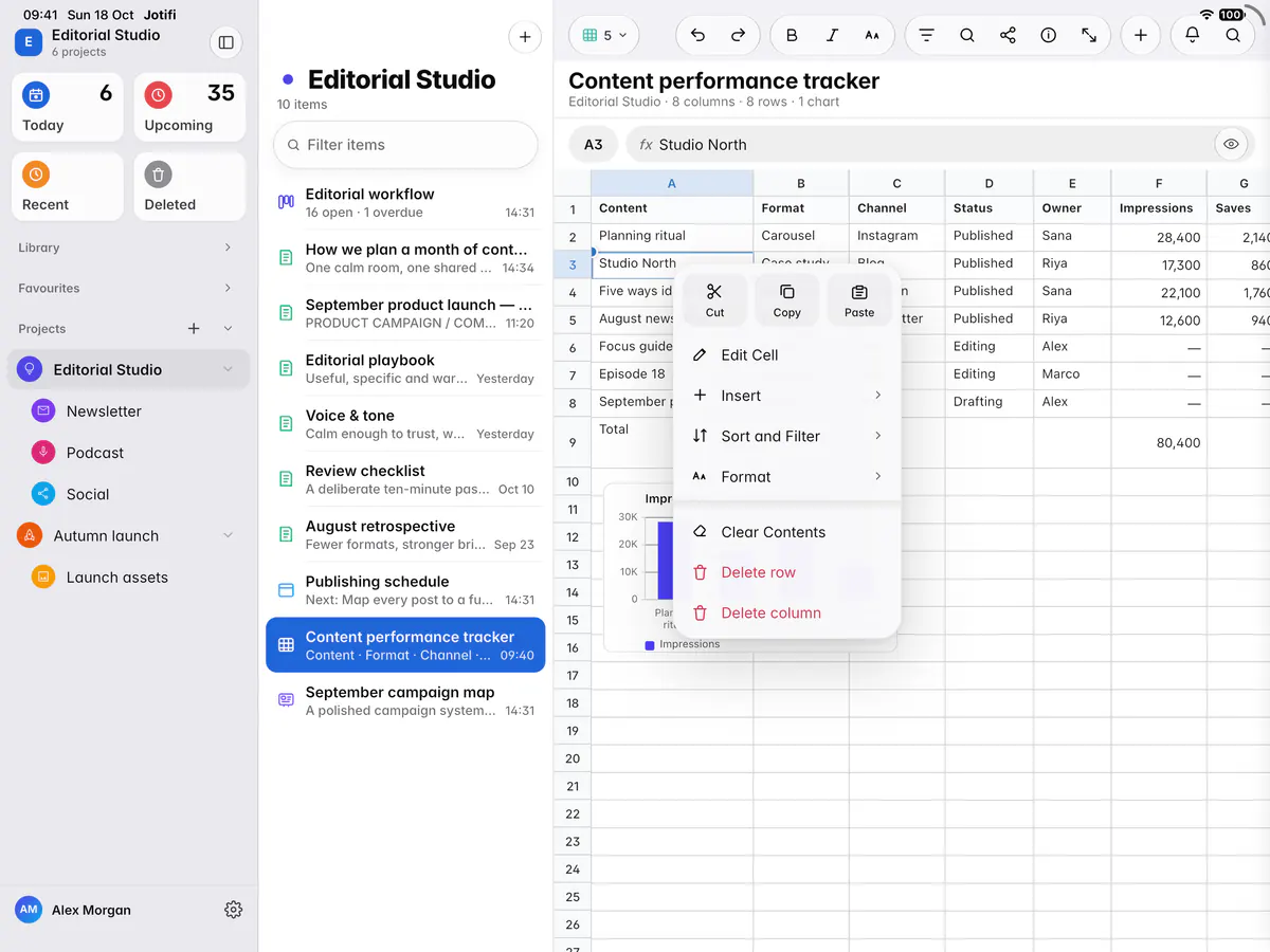 A cell's menu with clipboard, insert, sort, filter, format and delete options (an iPad)