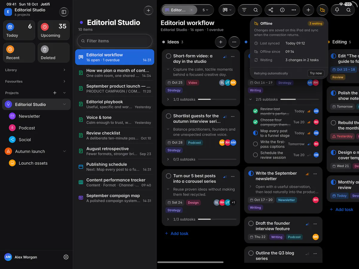 Sync details while offline: what is waiting to sync, when the device went offline and last synced, with Try now (an iPad)
